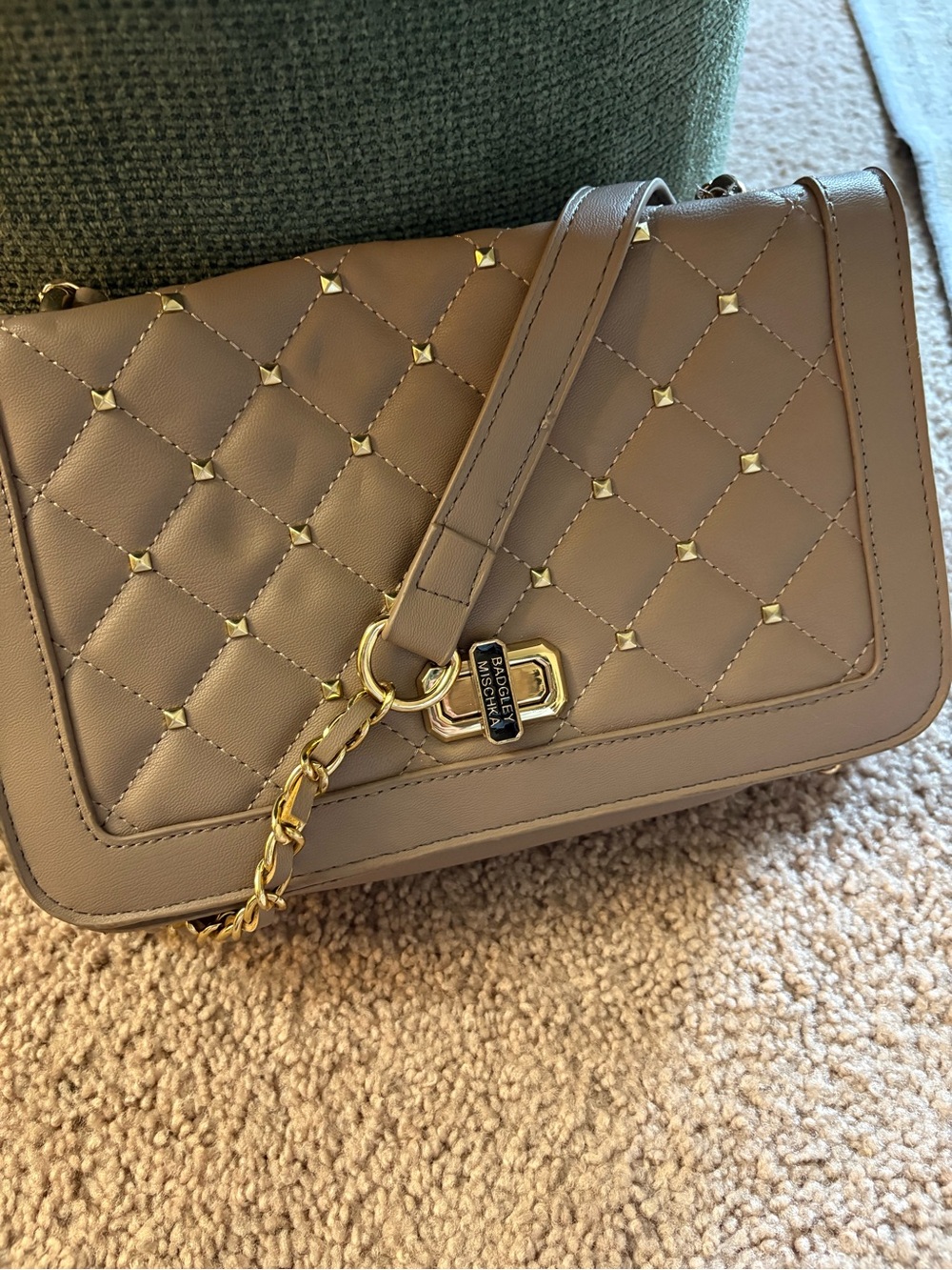 Badgley Mischka Quilted Taupe Shoulder Bag with Gold Hardware
